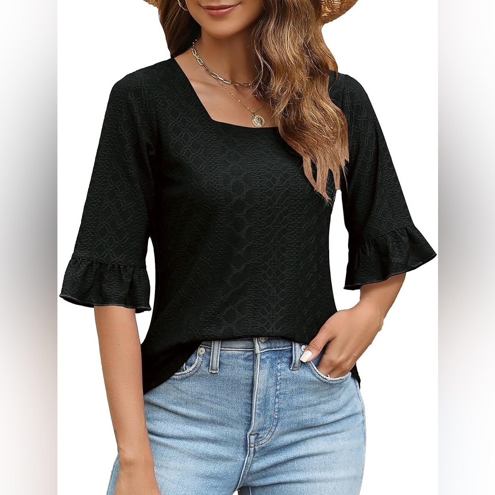 Black Fitted Ruffled Bell Sleeve Blouse